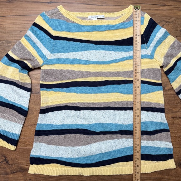 Chico's Striped Pullover Sweater 0 Small Aquatic Teal Bell Sleeve Yellow Black - Picture 6 of 6
